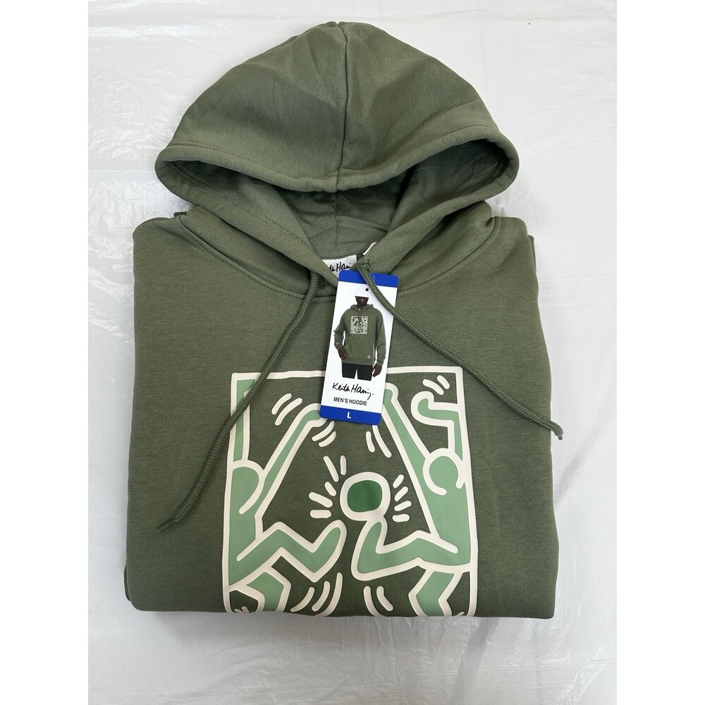 Keith Haring Hoodie Men L Art Style Graphic Pullover Green Pocket NWT